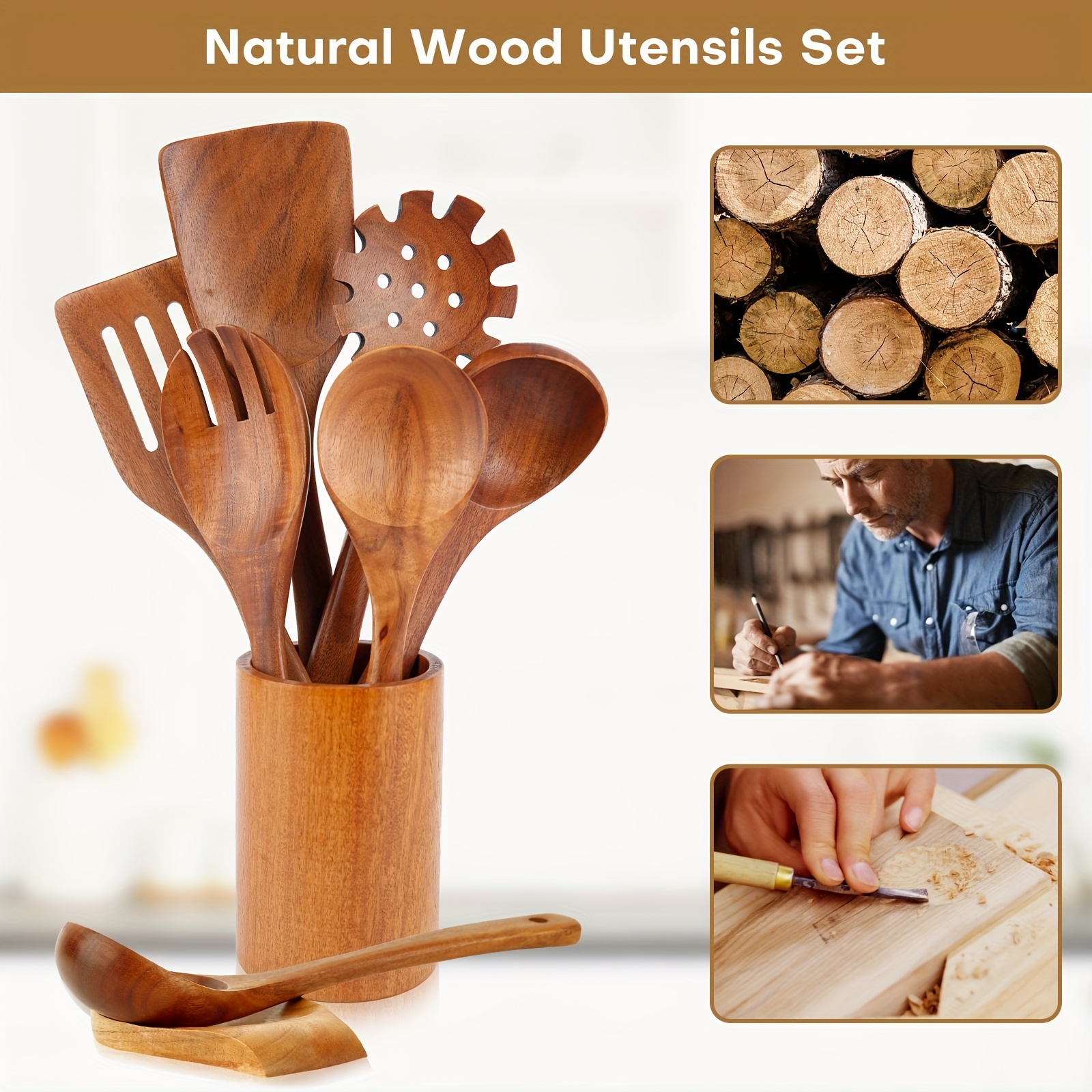 Non stick Wooden Kitchen Utensil Set With Holder Modern - Temu