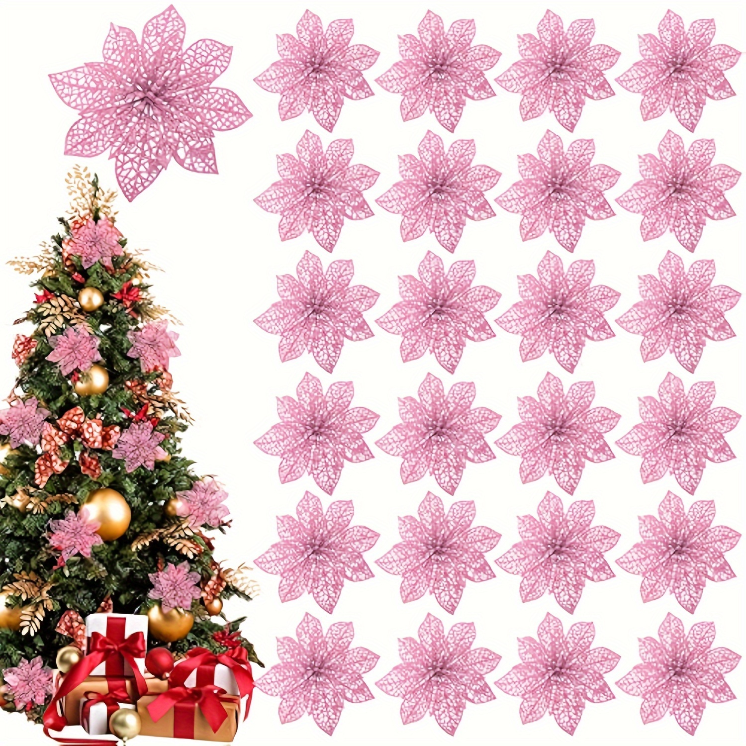 

12pcs 5.6" Diameter Glitter Christmas Flowers Poinsettia Artificial Flower Christmas Wreath Christmas Tree Flowers Ornaments, With 12pcs Green Flower Stems