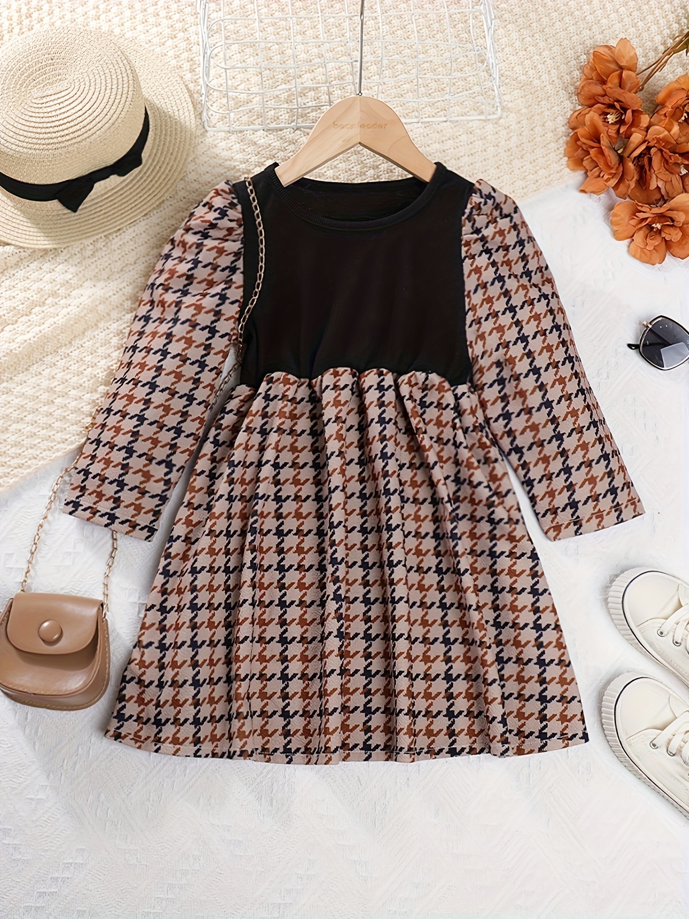 Girls Mock Collar Long Sleeve Houndstooth Dress Kids Clothes Fall Winter  Outfits - Kid's Fashion - Temu