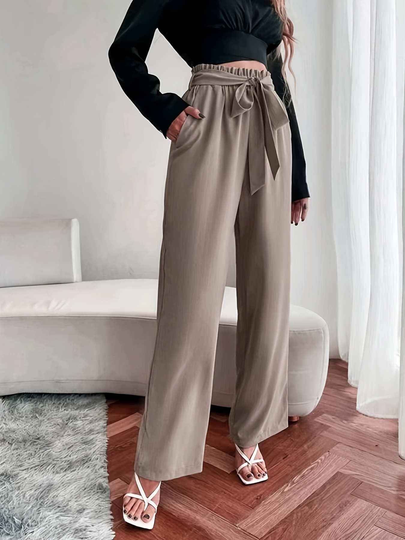Pantalones largos de cintura elástica sólida, sueltos y casuales de pierna  ancha básicos, ropa de mujer