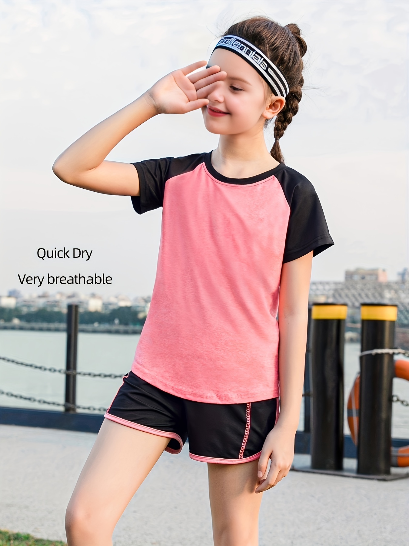 Girls Activewear Clothes Colorblock Sports Tee Track Shorts - Temu