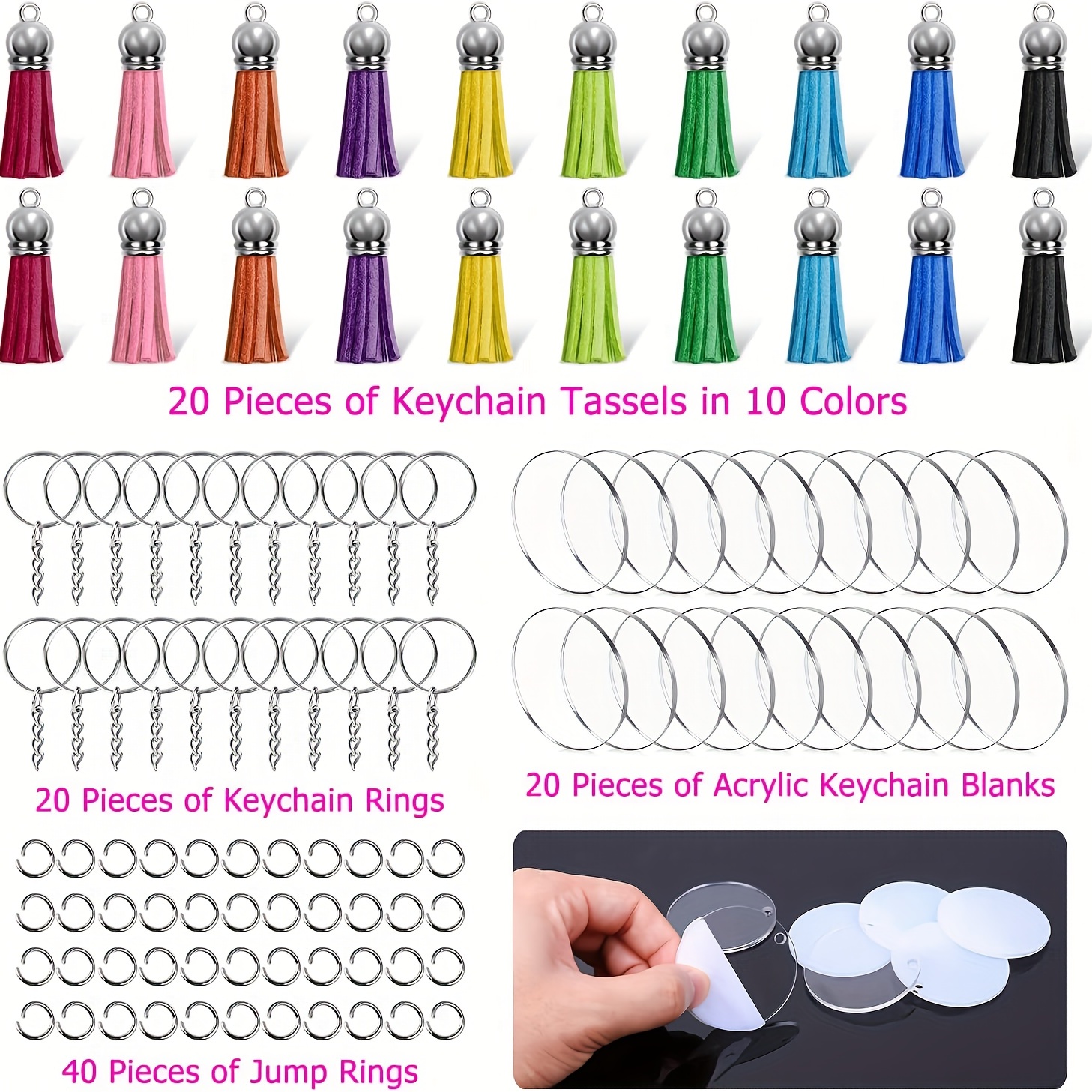  PIPL Keychain Tassel Keychain 280 Pieces Acrylic Key Chain  Tassels Set Including 20 Acrylic Blanks 20 Tassels 40 Keychain Hooks 40 Key  Chain Rings : Everything Else