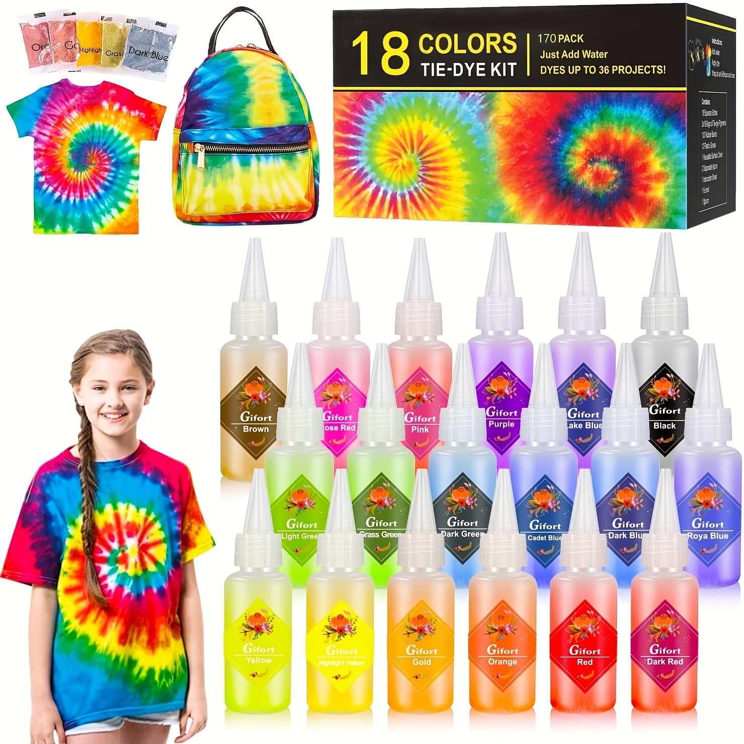 Tie Dye Kit Set of 26 Colors with Aprons, Gloves, Rubber Bands and Table Cover for DIY Fabric Crafts, Size: NA