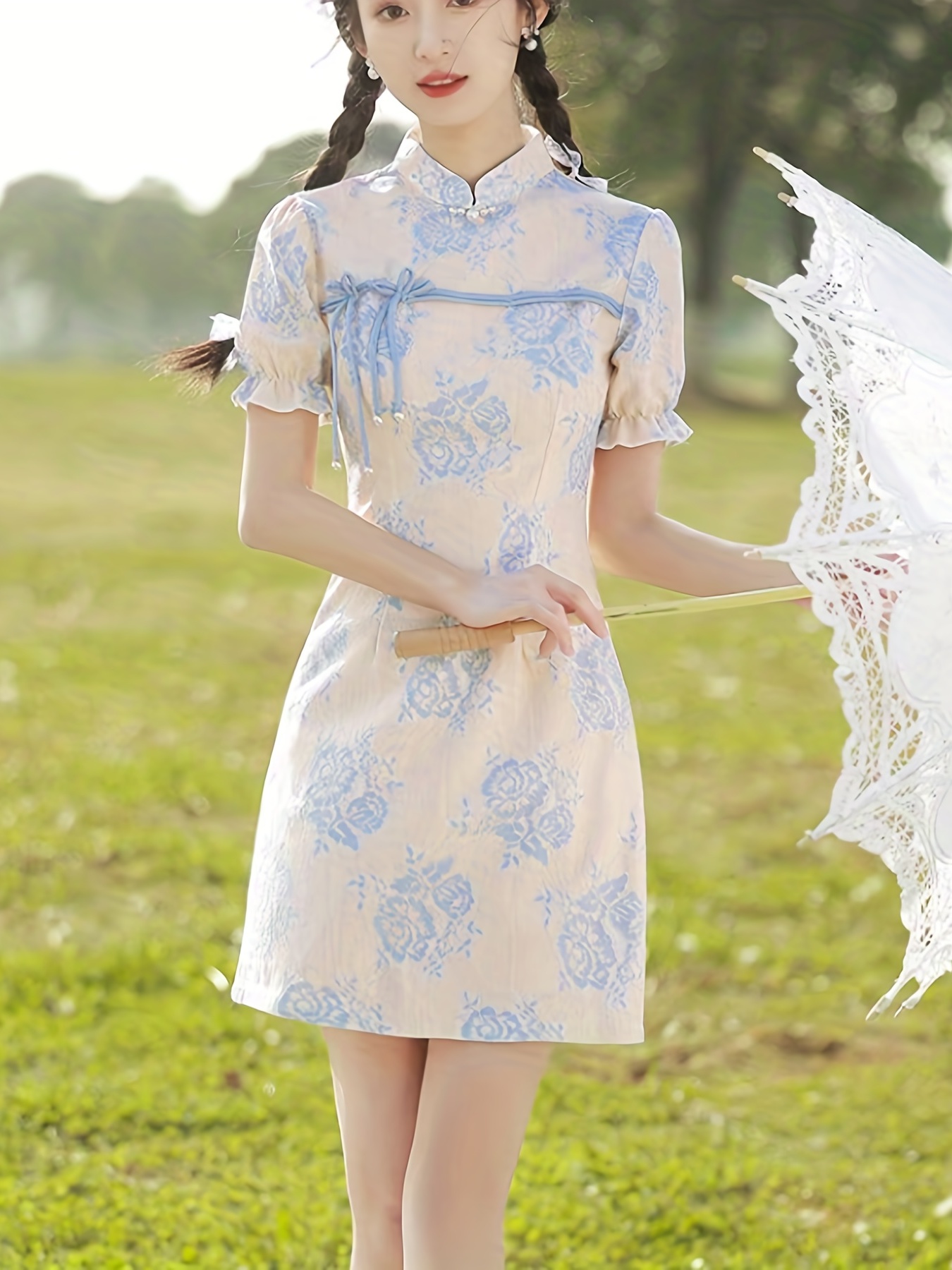 Solid Slim Cheongsam Dress Elegant Short Sleeve Stand Collar - Temu
