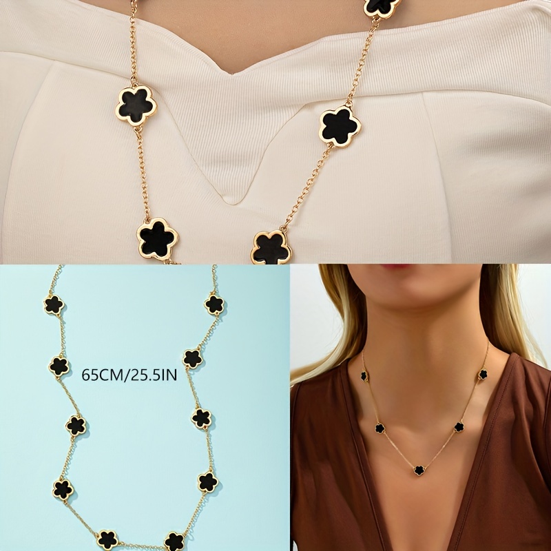 Black Four Leaf Clover Flower Necklace - Gold