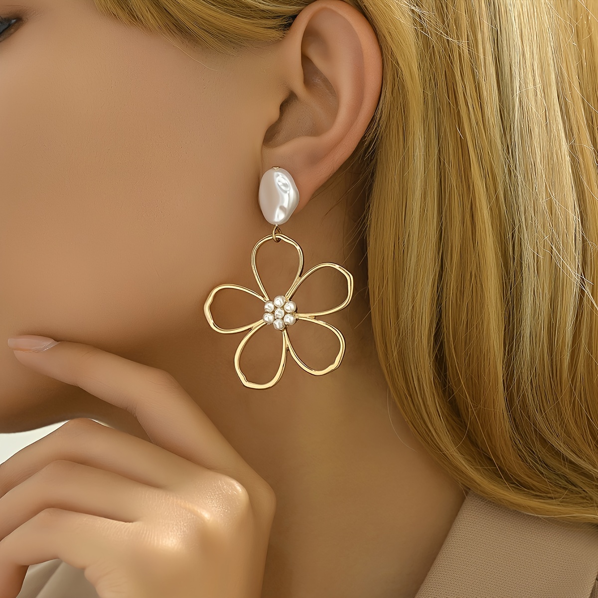 

Faux Pearl Dangle Earrings, Plated, Vintage Hollow Flower Design, Irregular Elegant Earrings, Fashion Statement Jewelry For Women