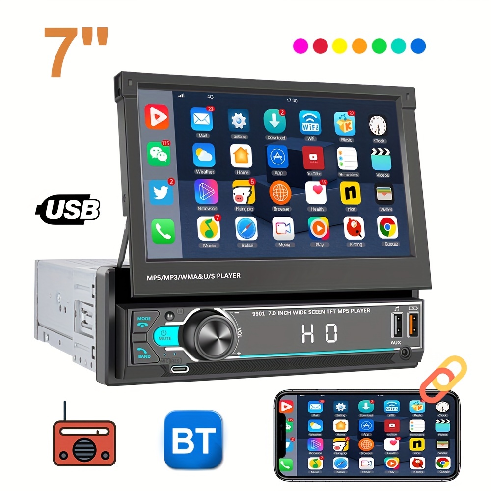 Autoradio Bluetooth Freisprecheinrichtung 1 DIN Universal Car Stereo  eingebautes Mikrofon Unterstützung USB/TF/SD/AUX Auto MP3 Media Player mit  5 bunten Lichtern: : Elektronik & Foto