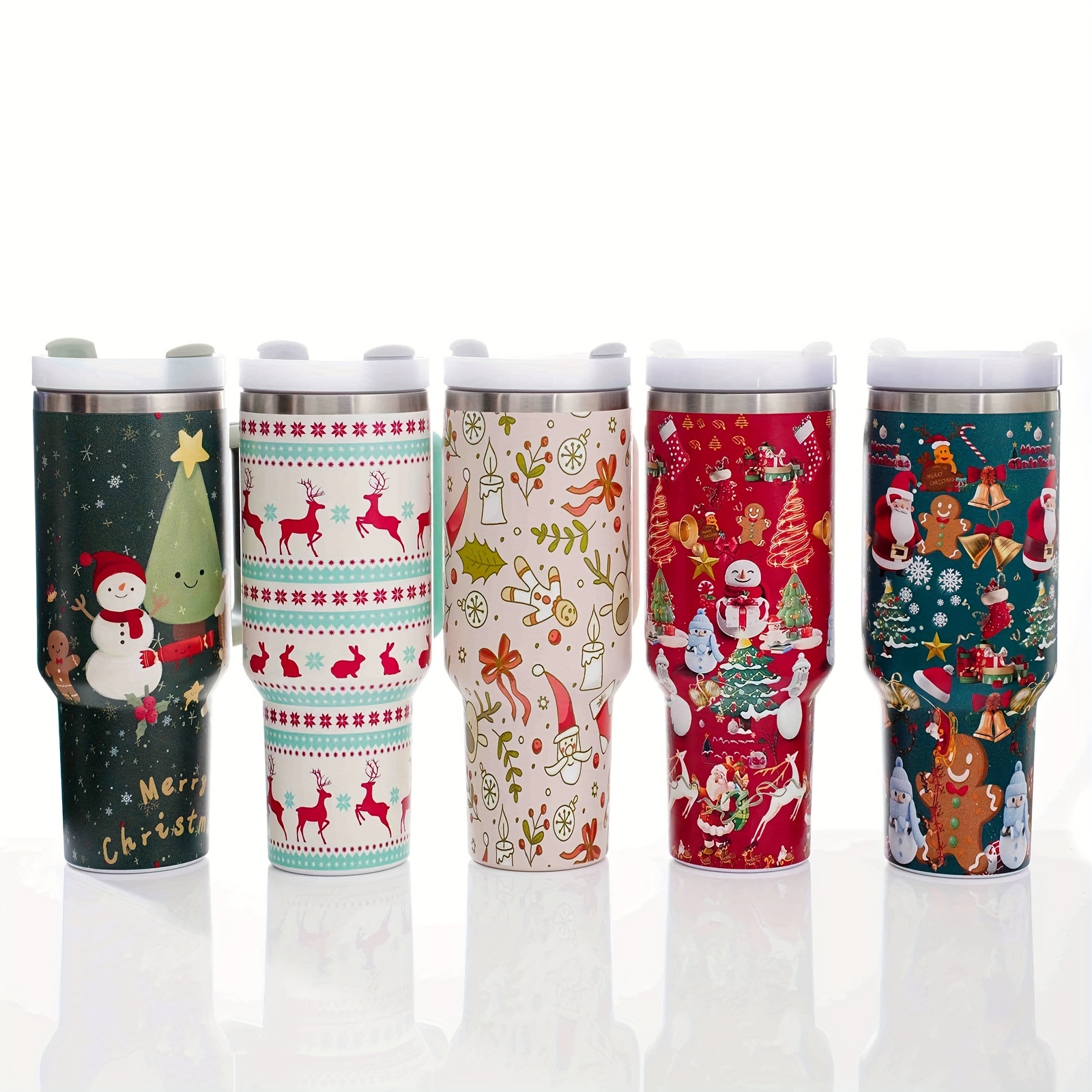 Ofocase Christmas 40 oz Tumbler with Handle and Straw, with 4pcs Cute Christmas Straw Covers, Merry Christmas Holiday Coffee Mug Cup Water Bottle