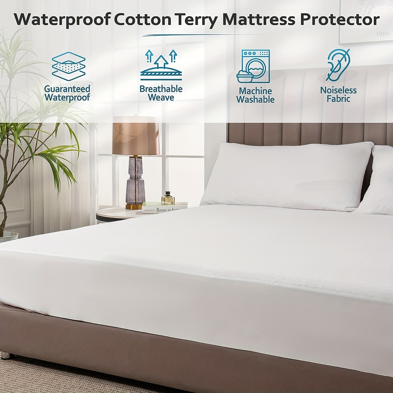 Protector de colchón impermeable, transpirable, suave, protector de colchón  lavable, funda de colchón silenciosa, funda de cama impermeable, protector