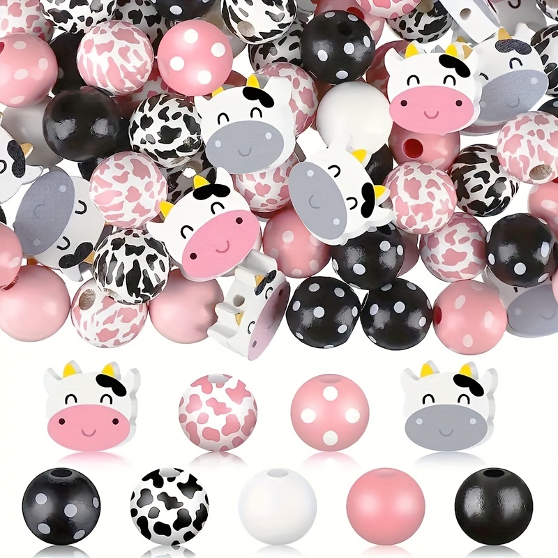 400 Pieces - 5/8 Round Wooden Craft Beads Cow Design & Mini Cow Head Beads