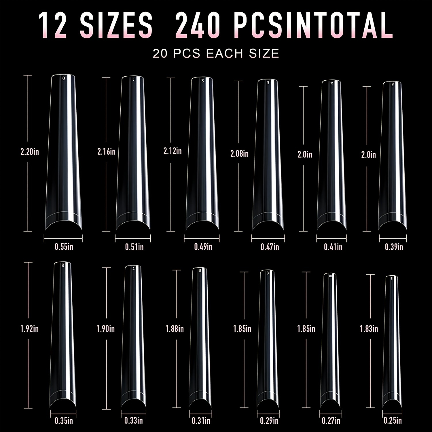 240 pcs Clear Ballerina Nail Tips with Box in 12 Sizes