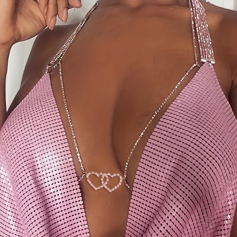 Double Hollow Love Heart Chest Chain Inlaid Shiny - Temu Canada