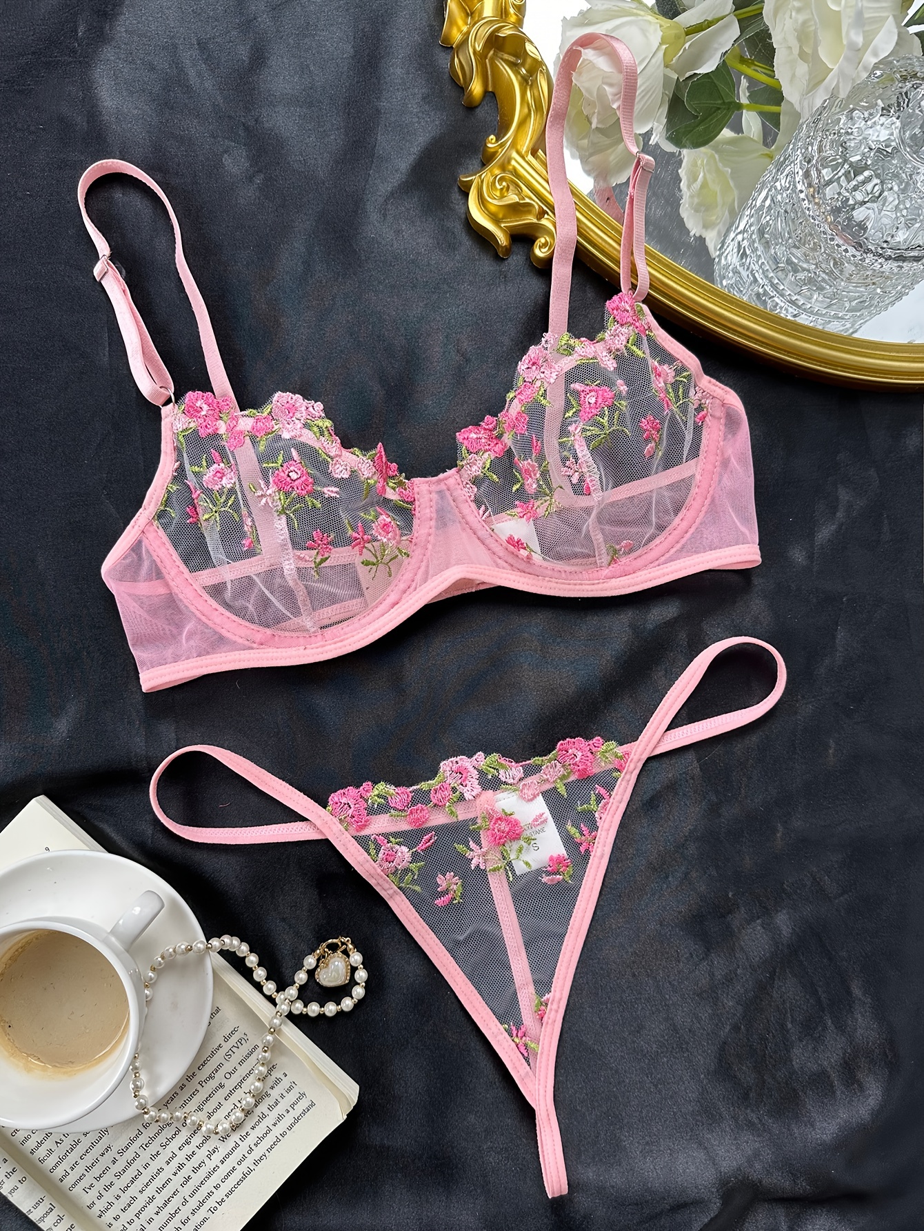 Floral Embroidery Lingerie Set Sheer Unlined Bra Mesh Thong - Temu Norway