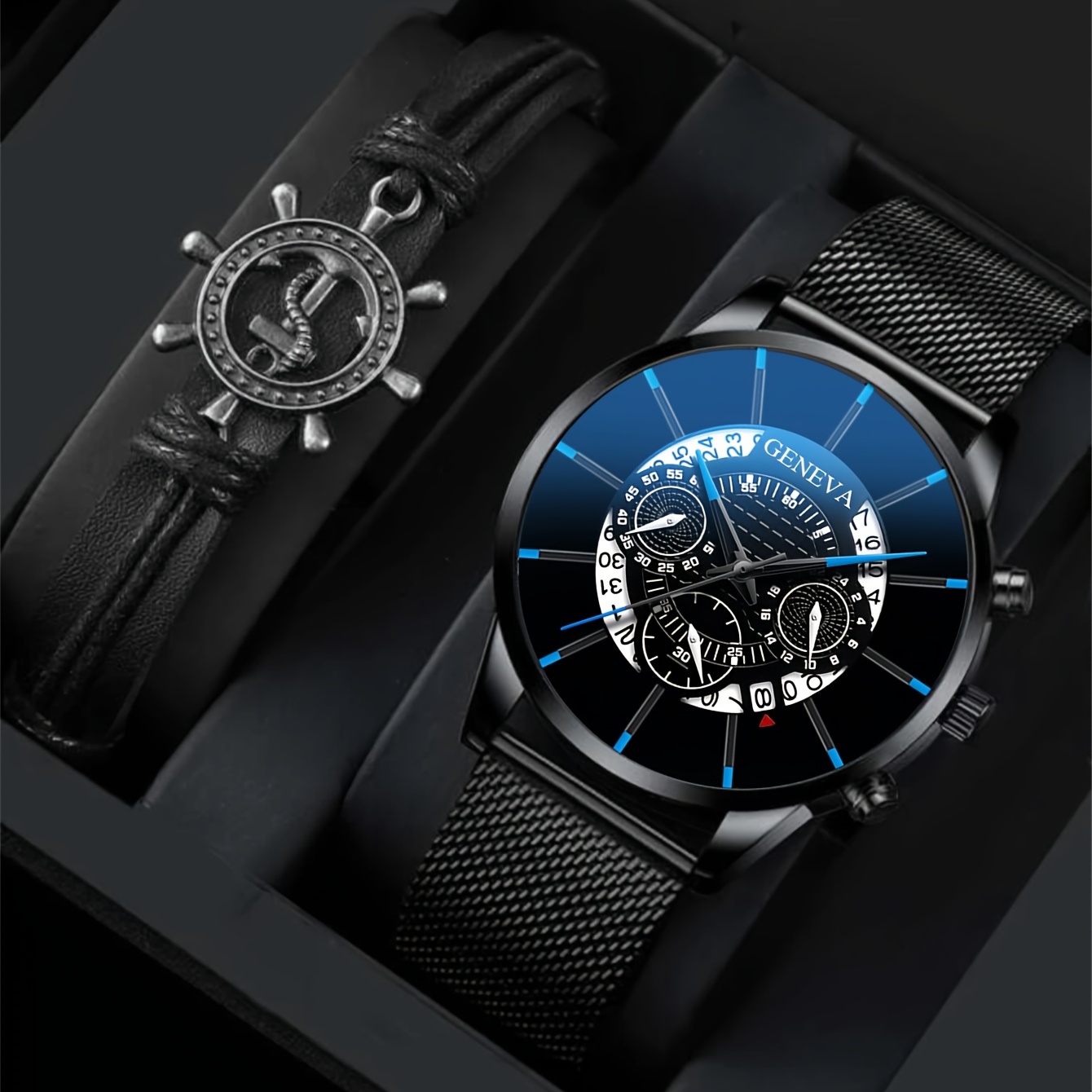 2pcs set Men s Casual Analog Watch And Classic Bracelet Set 1pc Watch 