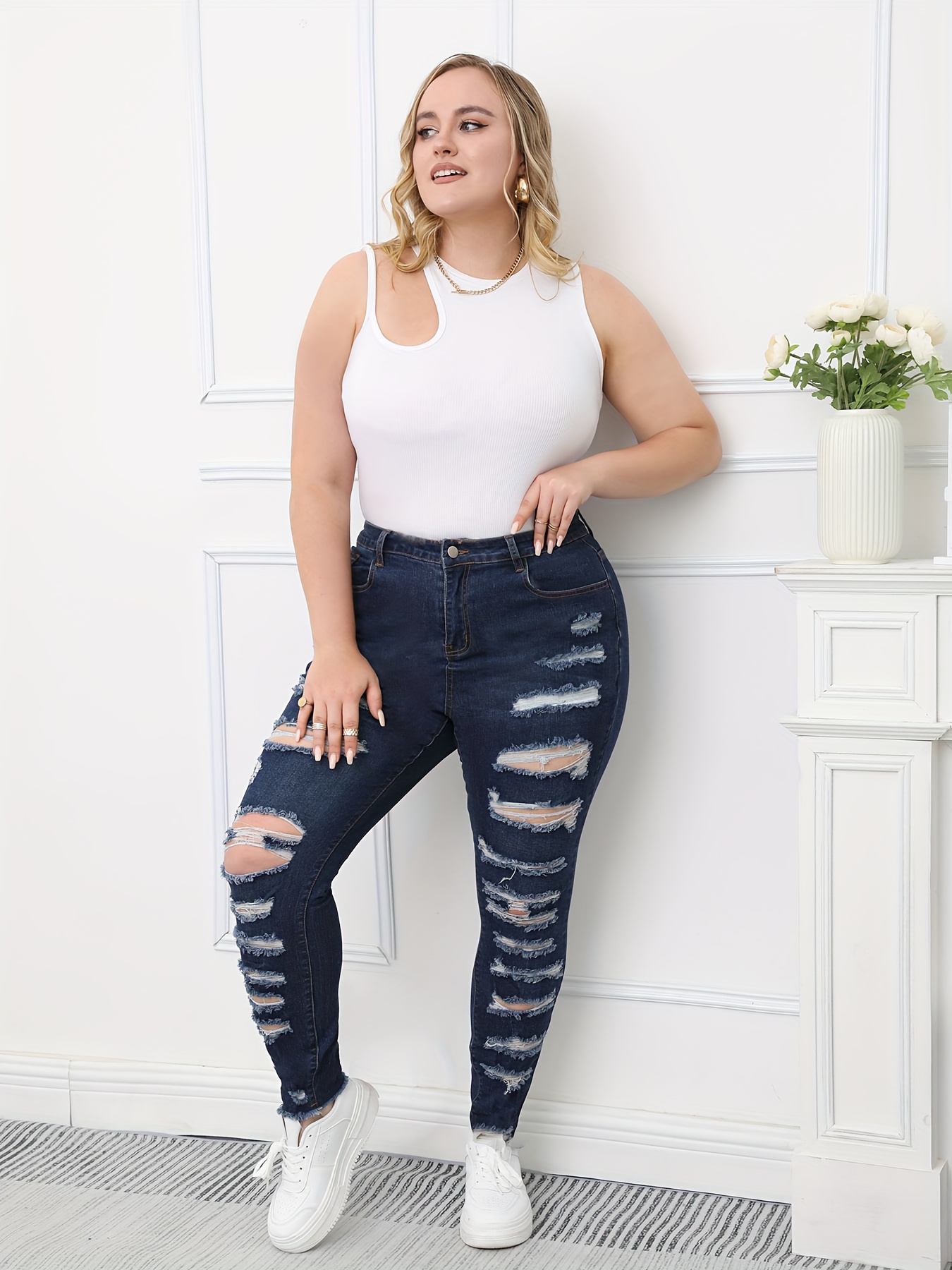Women's Plus Button Fly Distressed High Skinny Jeans