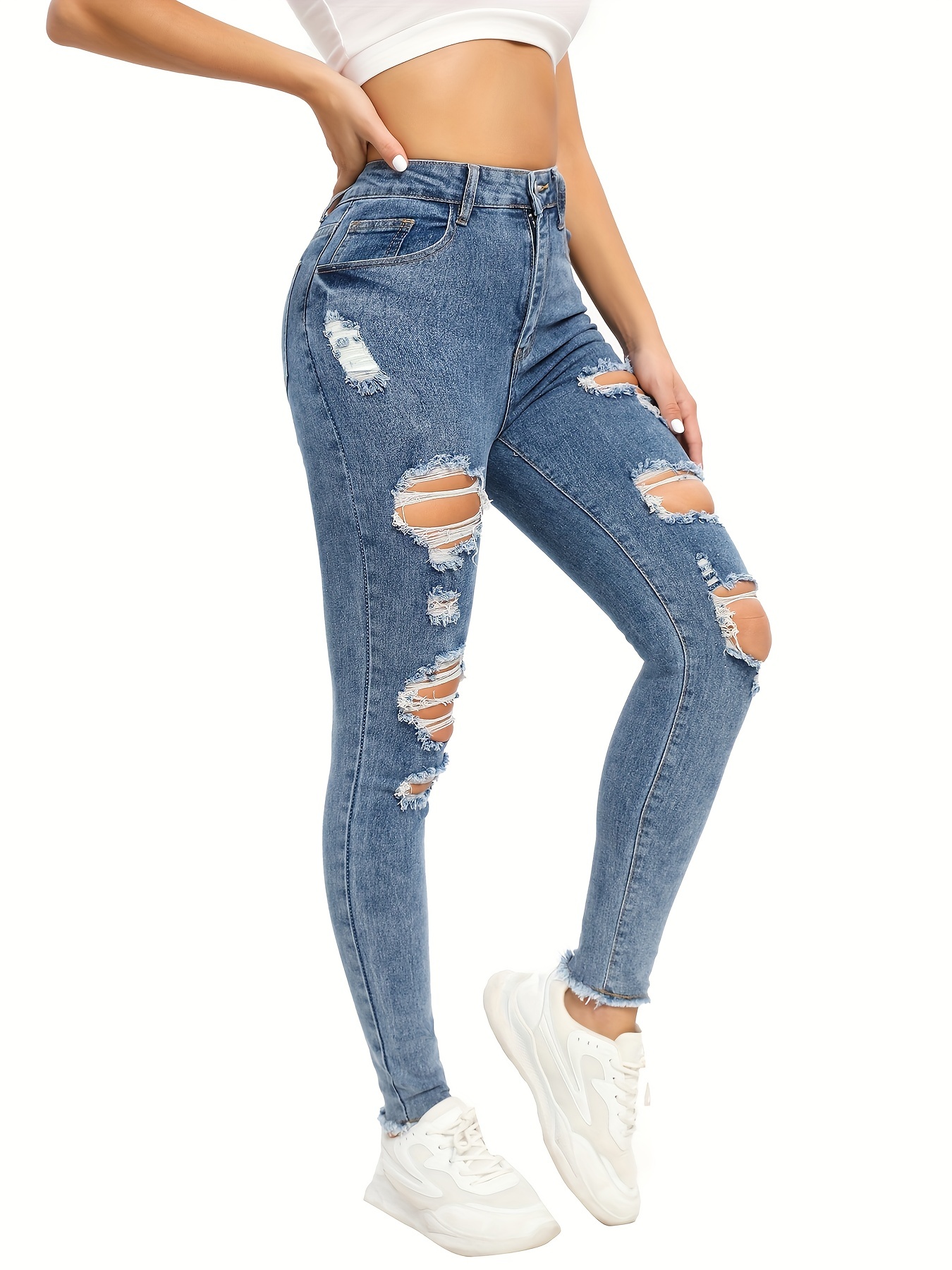 Ripped Holes Washed Tight Jeans Hem Slim Fit Distressed - Temu