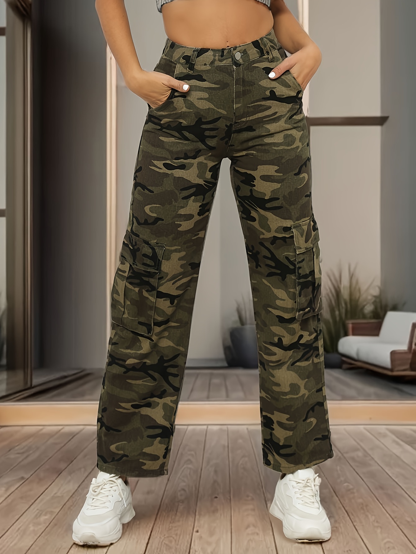 Pantalones Cargo Camuflaje Múltiples Bolsillos Jeans Rectos - Temu