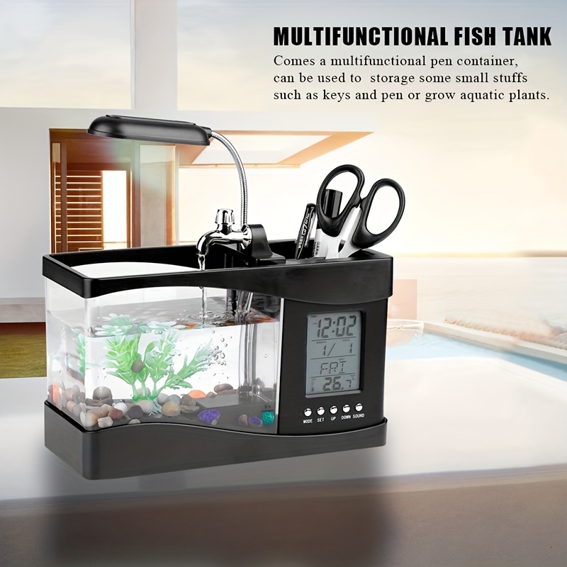 Mini Fish Tank Usb Rechargeable With Clock Function Led - Temu