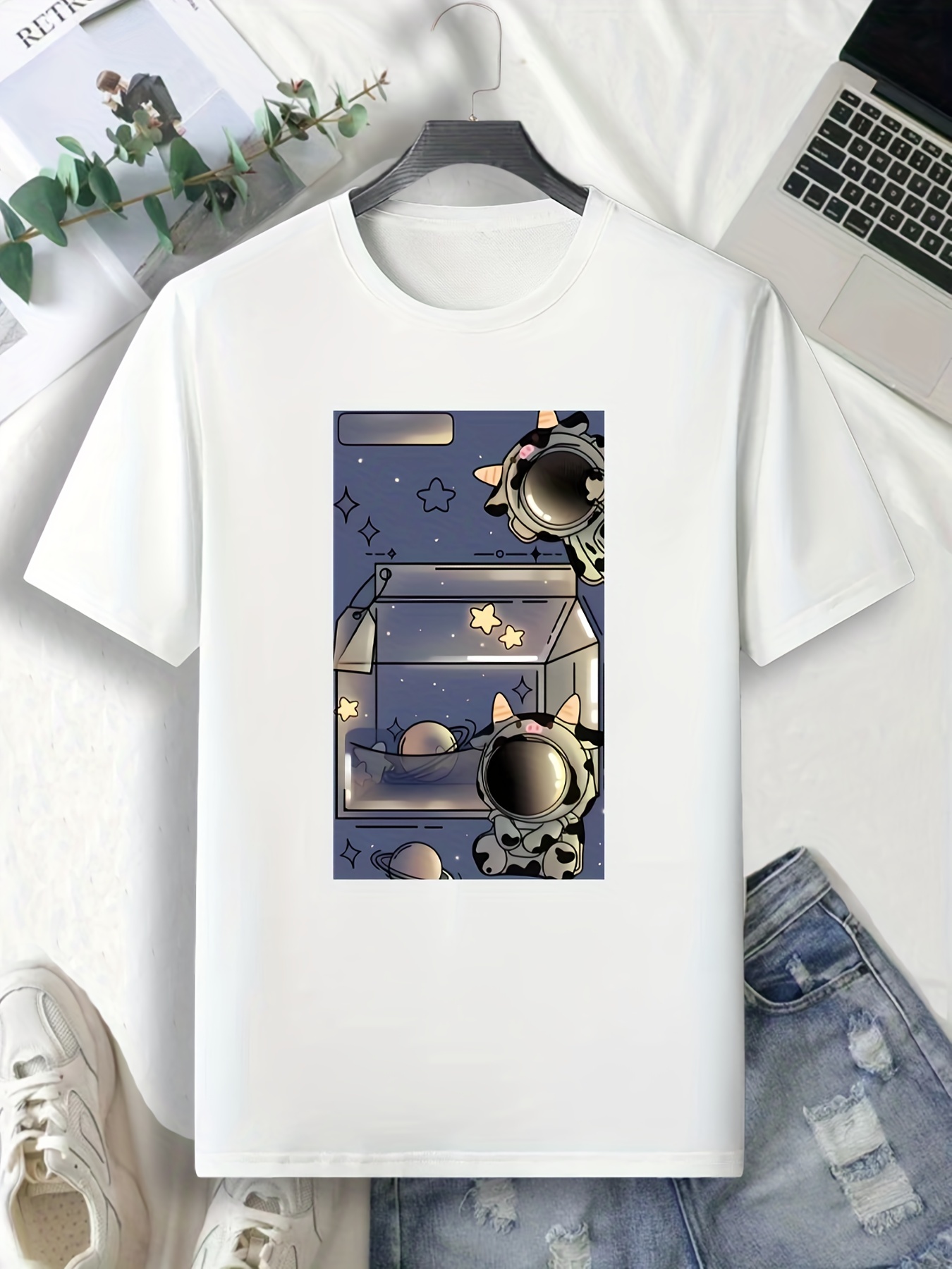 Padrão de astronauta de desenho animado Camiseta confortável - Temu Portugal