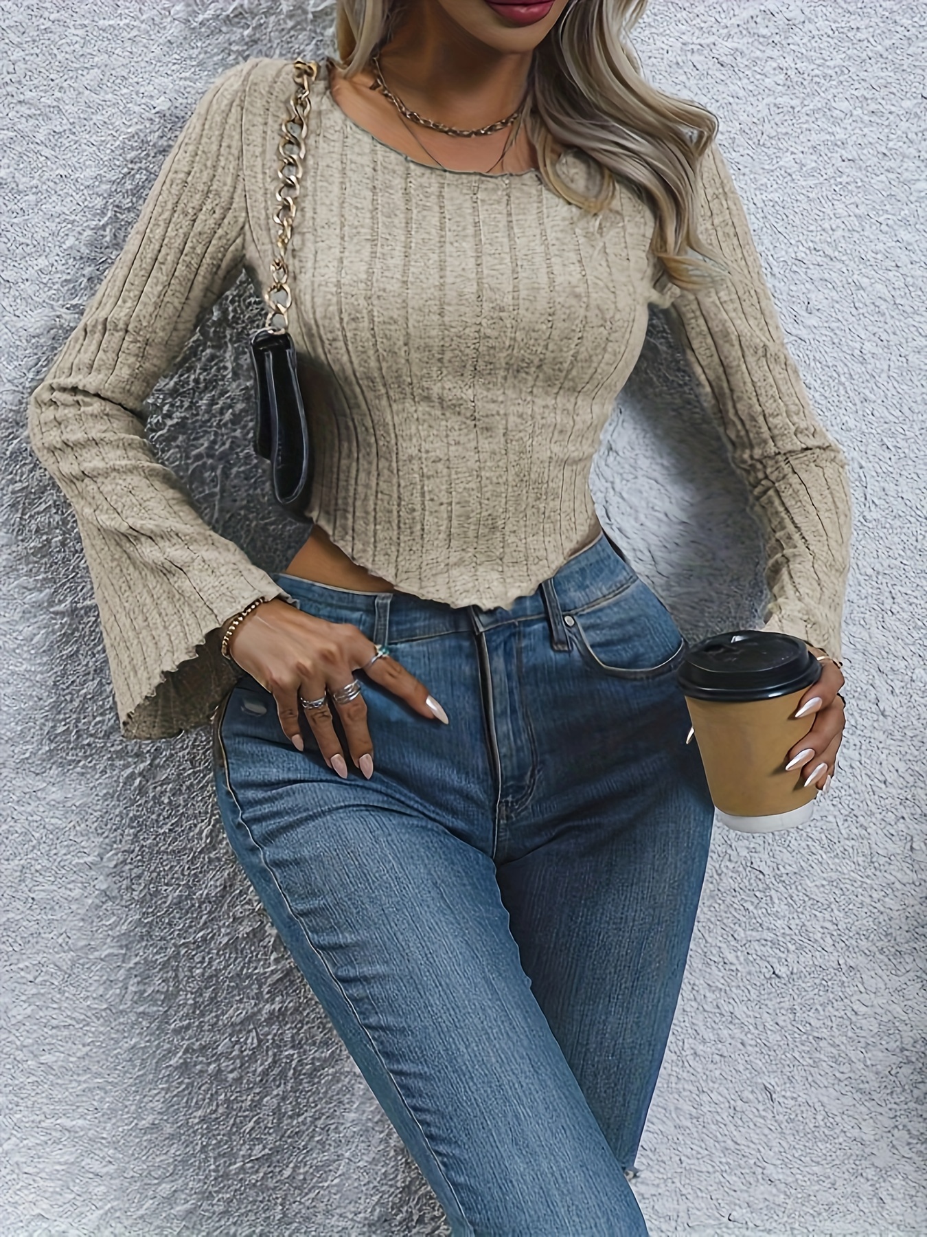 Ribbed Crew Neck Hanky Hem T-Shirt, Casual Long Flare Sleeve Top For Spring  & Fall, Women's Clothing