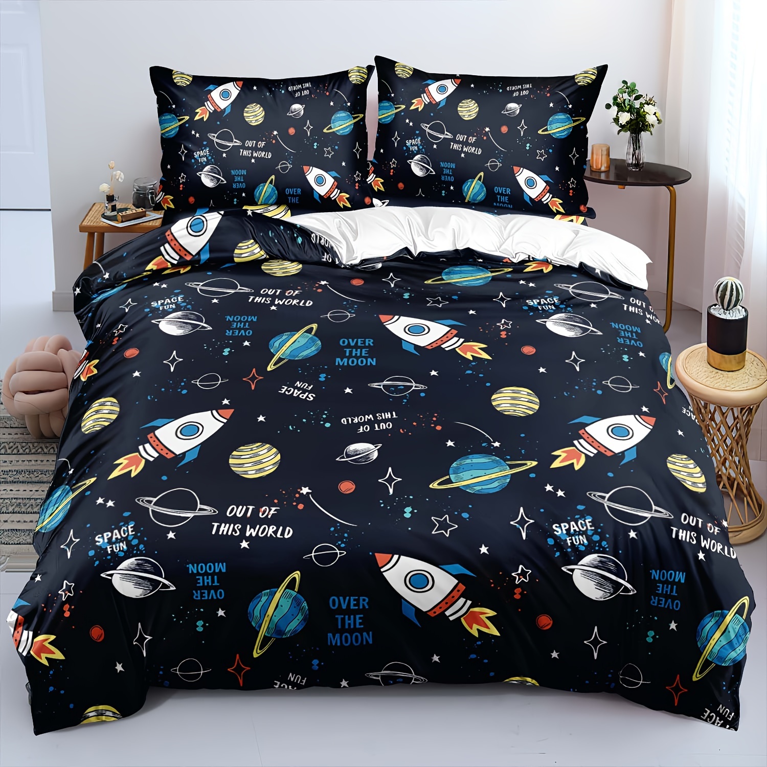 

2/3pcs Duvet Cover Set (1*duvet Cover + 1/2*pillowcase, Core Not Included), Soft And Comfortable, Rocket Ship Bedding Set, Space Rocket Bedding Set For Boys, Blue Bedding Set For Bedroom Guest Room