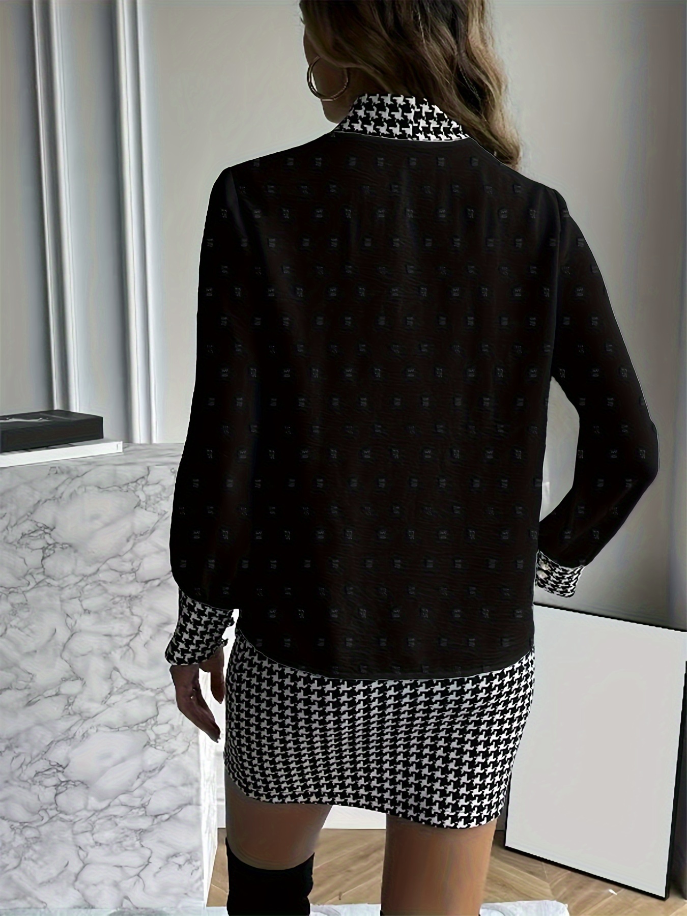 Tennis skirt, houndstooth tights and button up shirt with a black  sweatshirt. Zara purse