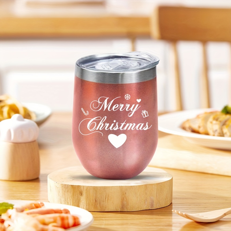 1pc, Merry Christmas Wine Tumbler, Rose Golden Stainless Steel Beer Cup,  Stemless Stainless Steel Wine Glass, Drinking Cups, Summer Winter Drinkware