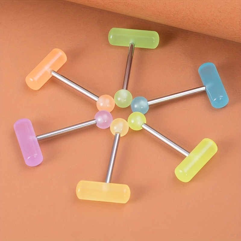 6pc Luminous Acrylic Tongue Stud Ring Set