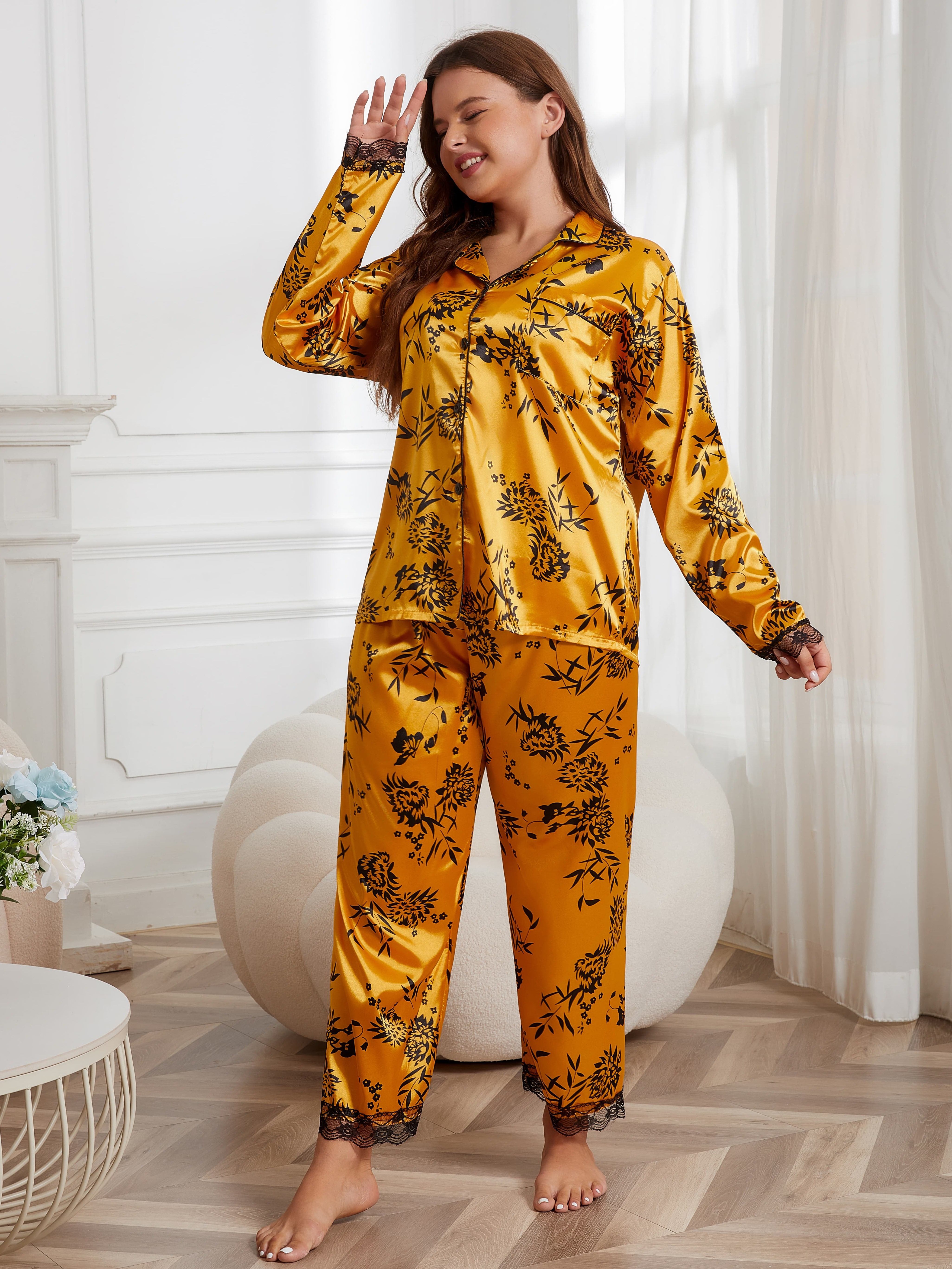Plus Size Elegant Pajama Set Women's Plus Silk Satin Floral - Temu Canada