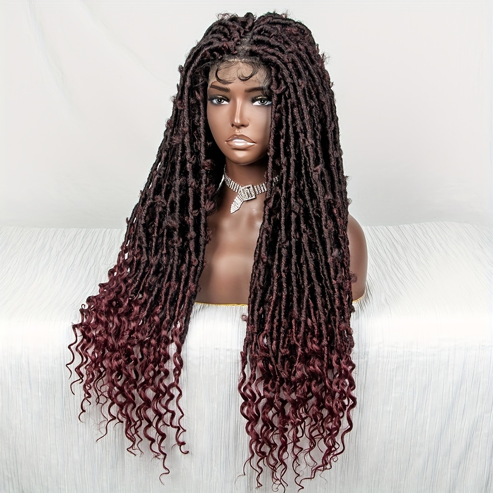 Kalyss 13x4 Braided Lace Front Wigs for Women Boho Curly Braids Wig Cornrow  Box Braided Wigs Burgundy Red to Black Bohemian Half Braided Half Curly