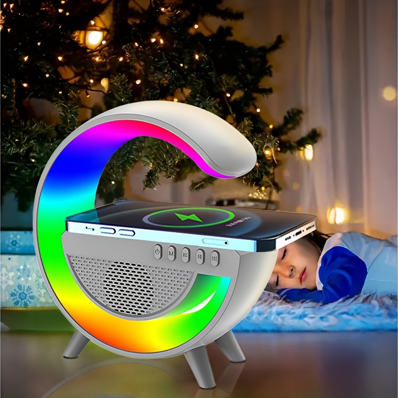 Mini G Shaped Wireless Speaker and Charger,Portable LED Wireless Charging  Speaker, Atmosphere Lamp with Wireless Charging Function,Wake-Up Light and