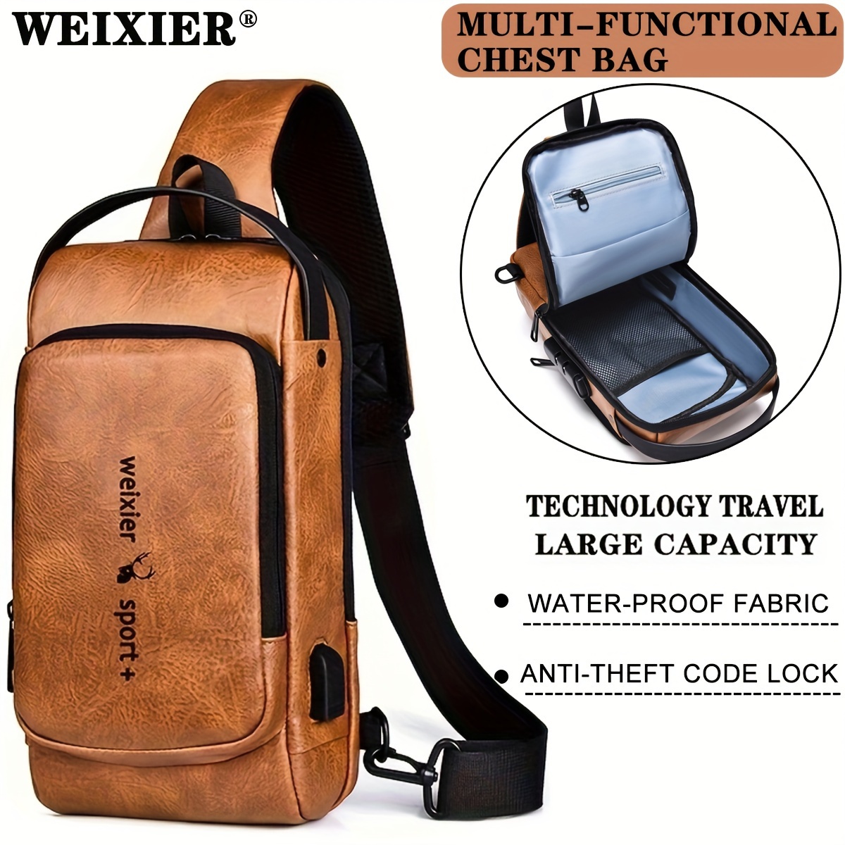 Luxury Designer Men USB Chest Bag Sling Bag Large Capacity Handbag