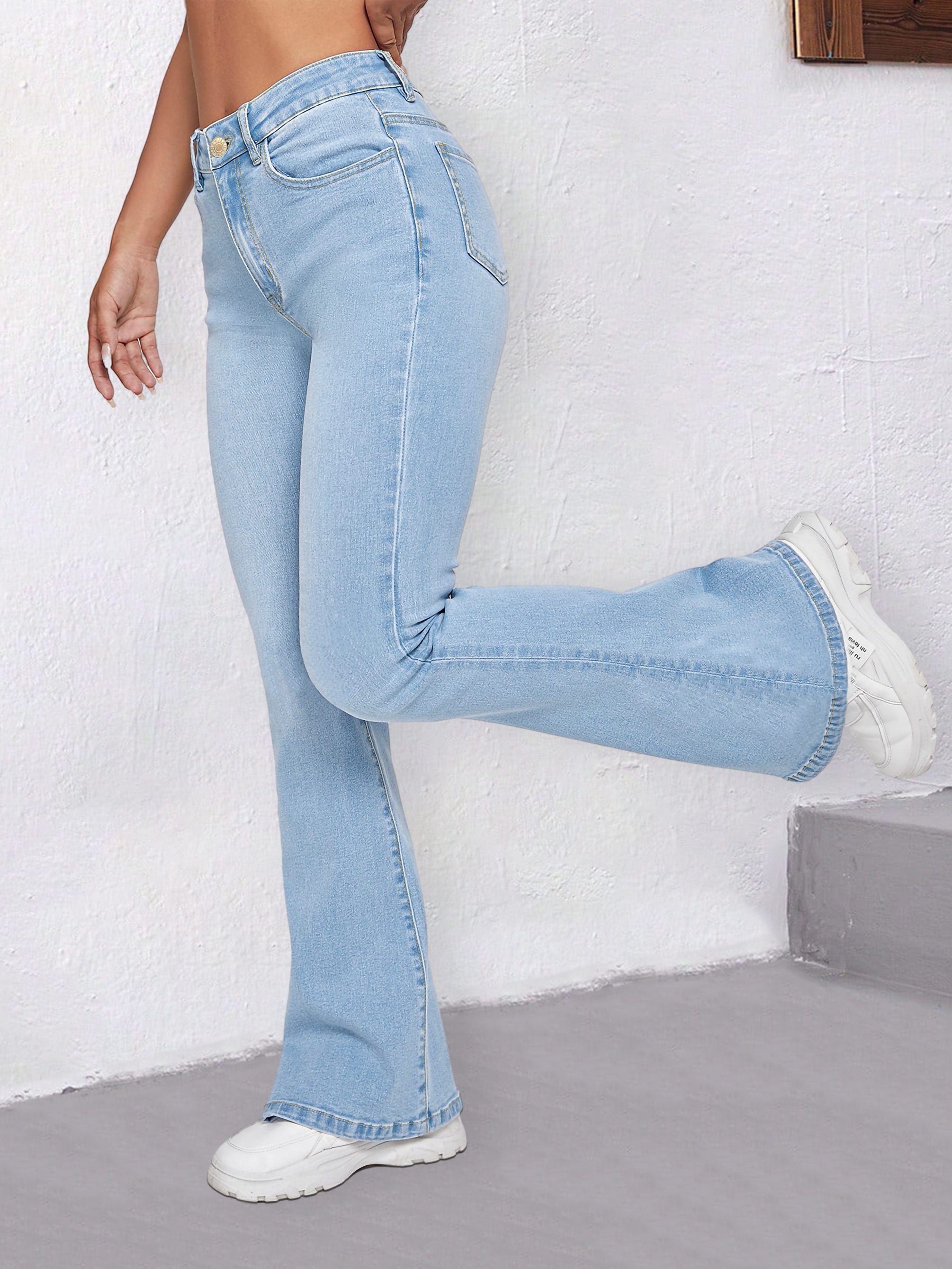 Light Washed Blue High Stretch Flare Leg Jeans Solid Color - Temu