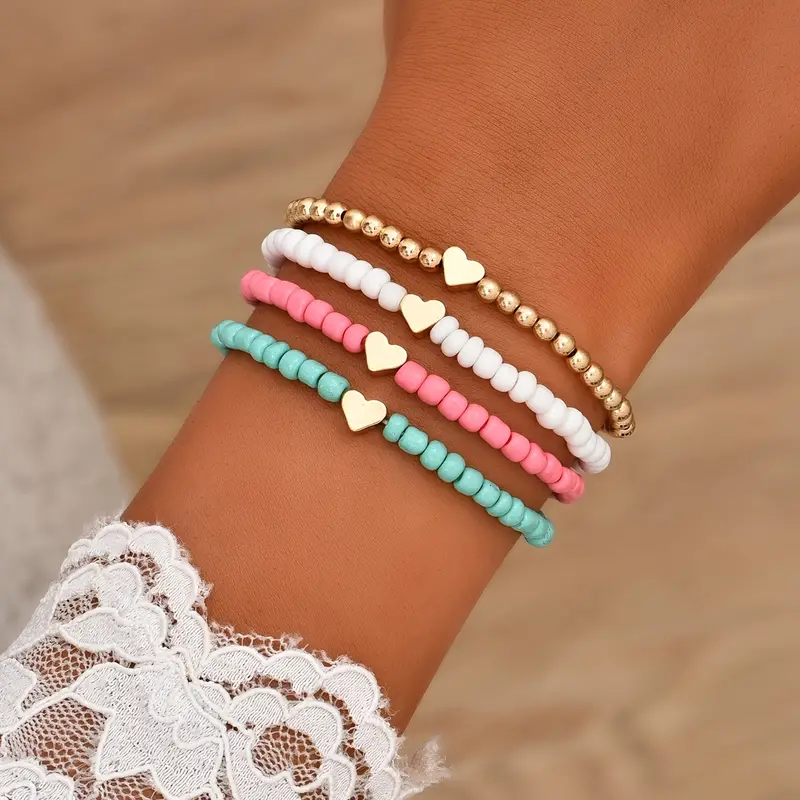 Heart Elastic Beaded Bracelet Set Candy Color Stackable Hand Jewelry, Jewels for Women & Girls Daily Wear Boho Style Cute Jewelry Accessories,Temu