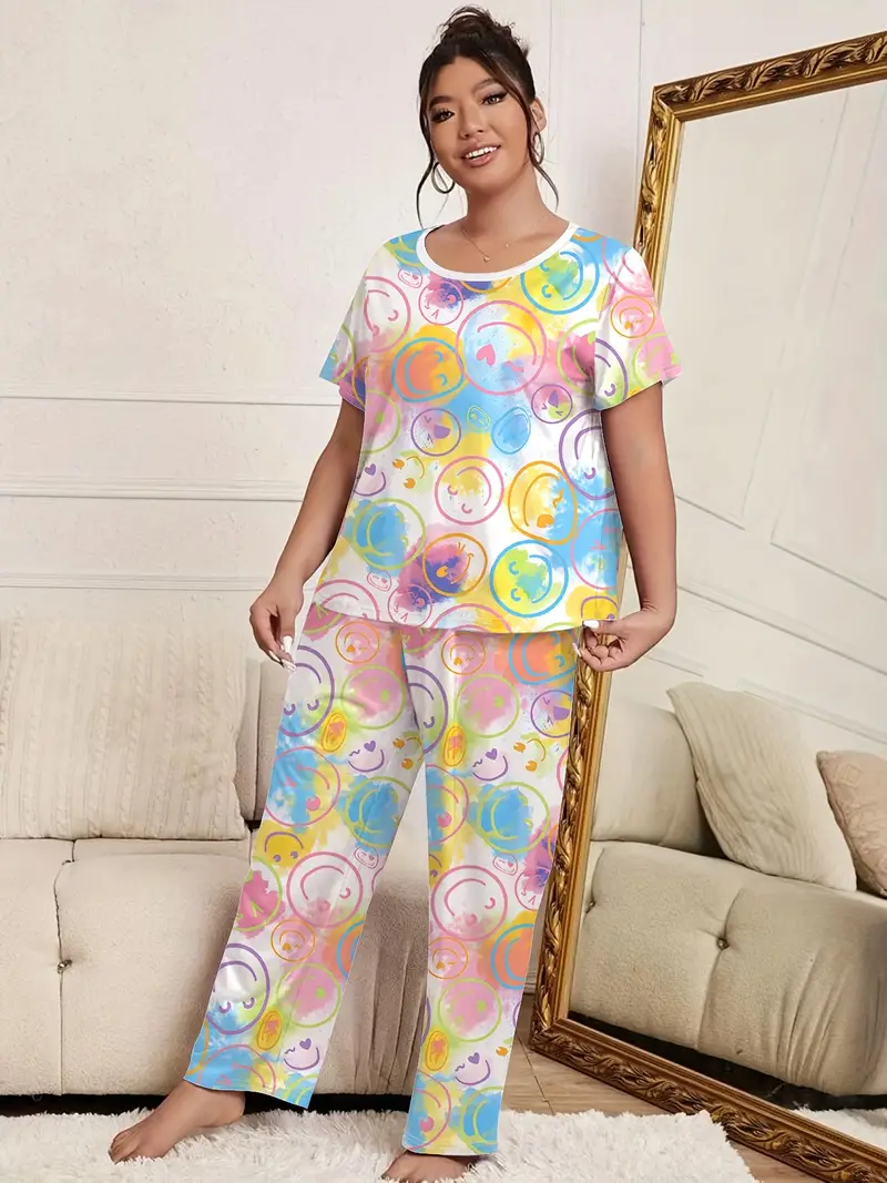 Plus Size Trendy Pajamas Set, Women's Plus Tie Dye & Smiling Face Print  Short Sleeve Tee & Pants Home Wear 2 Piece Set