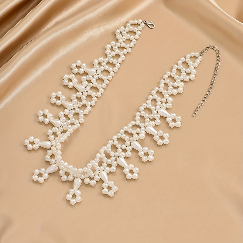 Creative Simple Braided White Faux Pearl Flower Necklace Personality Neck Jewelry, Jewels Gift for Women Girls,Temu