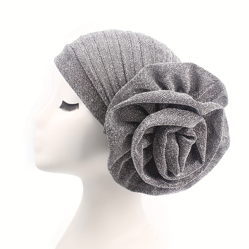 Silvery Glitter Flower Turban Cap Ramadan Headwrap Head Scarf Hijab Hats