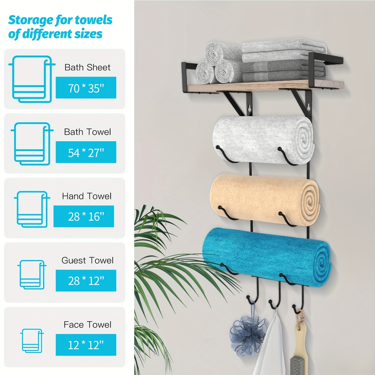 Wall Mounted Storage Shelf, Towel Racks For Bathroom, Metal Towel Holder  With Wooden Shelf For Folding Large Towels, Towel Storage Shelf For Bathroom  Organizer, Home Organization And Storage Supplies, Bathroom Accessories 