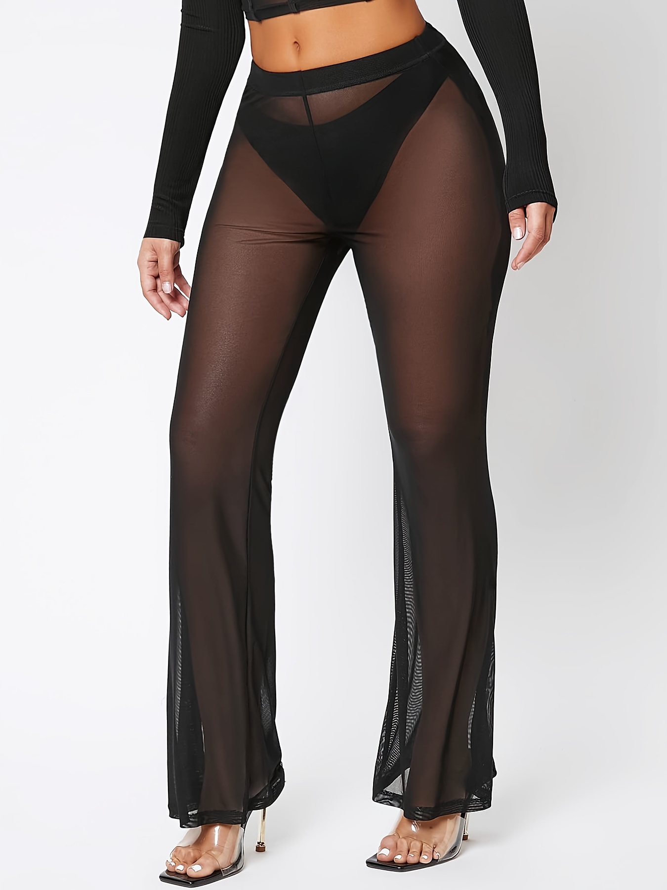 Sexy Lady Sheer Pants Trousers See Through Skinny Bottom Legging Club Wear  Fit