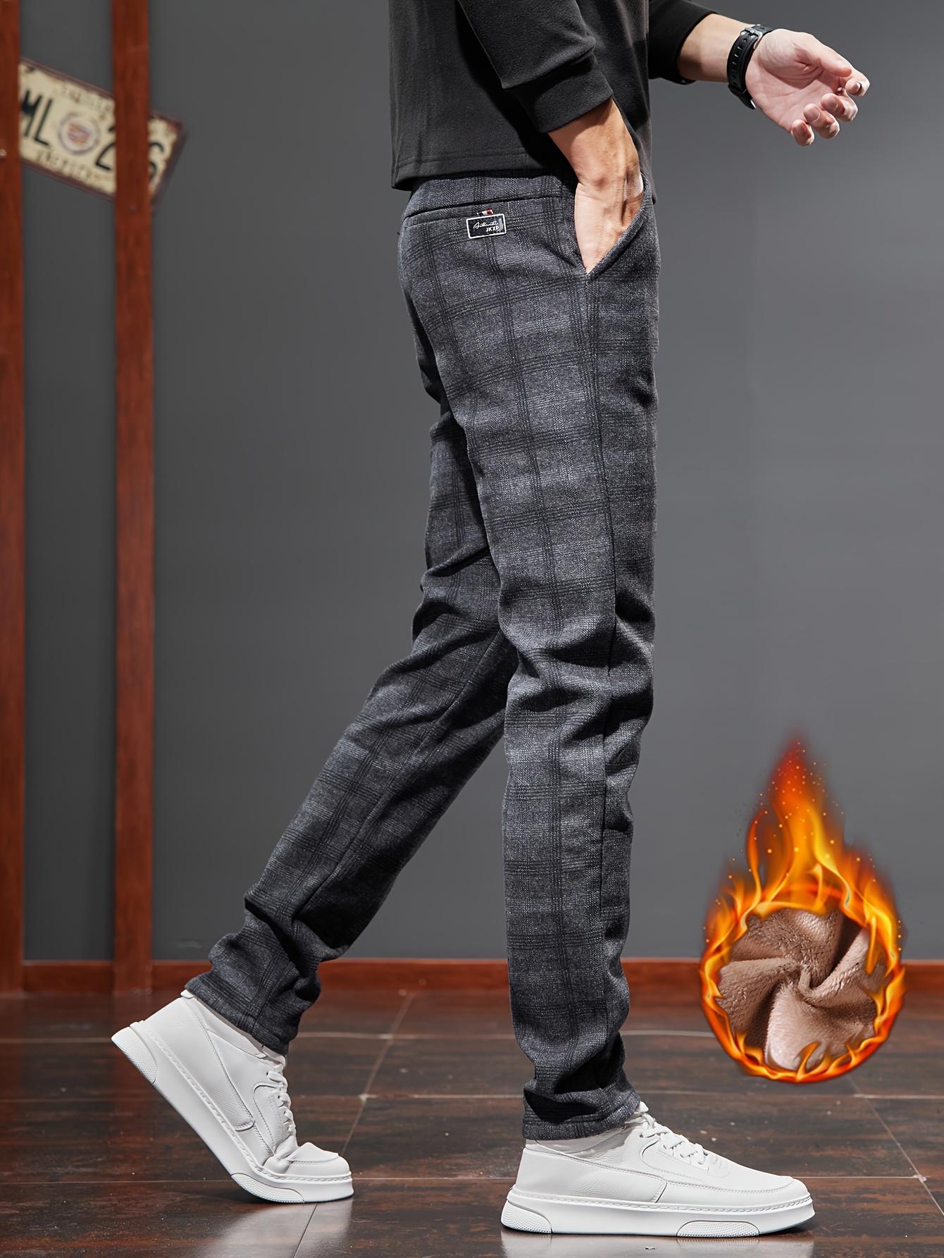 Pantalones Casuales Cuadros Retro Polar Abrigados Hombre - Temu