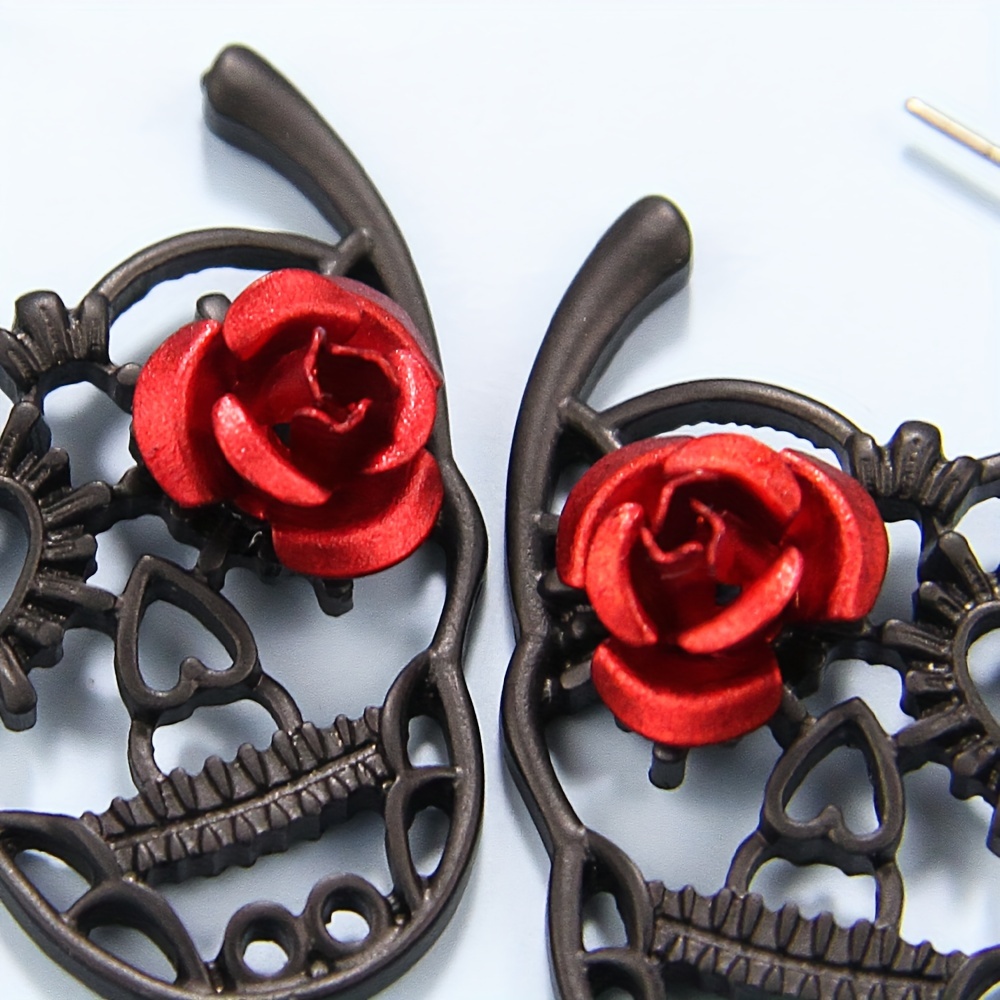 hollow carved red rose skull stud earrings Temu Nigeria