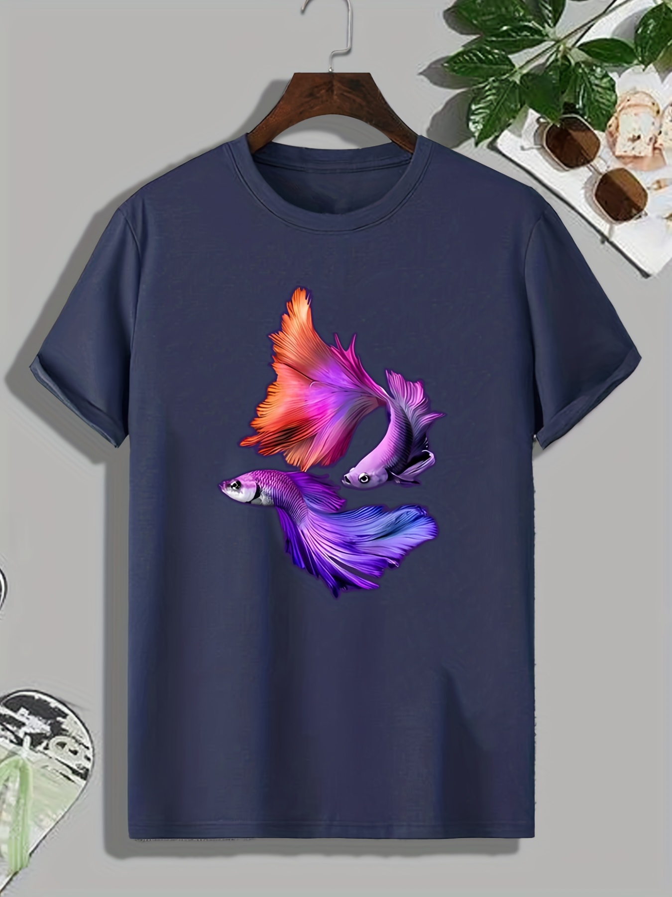 Beautiful Fish Pattern Print Men's Comfy Chic T shirt - Temu