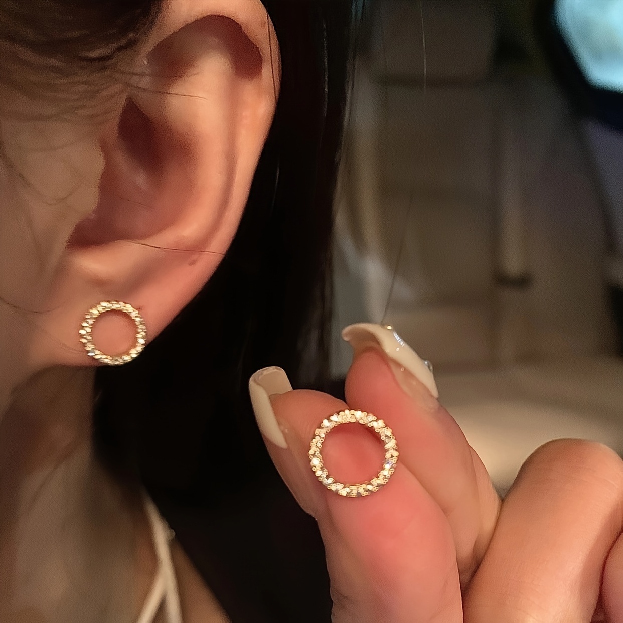 

Tiny Hollow Round Design Stud Earrings Alloy Jewelry Embellished With Rhinestones Elegant Simple Style For Women Daily Wear