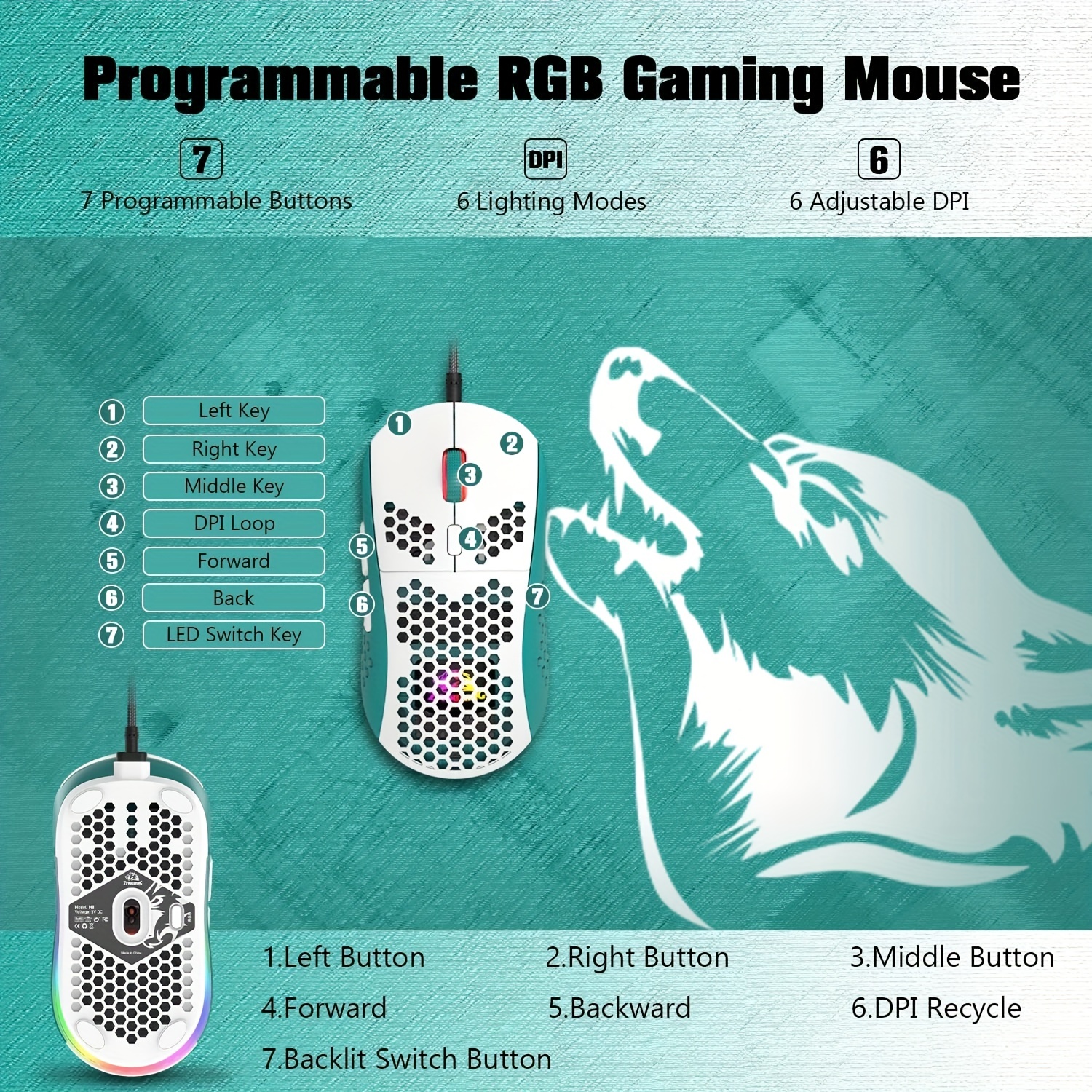 TROPRO Programmable RGB Gaming Mouse, 6 DPI (1000/1600/2400/3200/4800/6400)  96g Ultra Lightweight Honeycomb Optical LED Wired Mouse with Programmable 6  Keys RGB Marquee Effect Light 