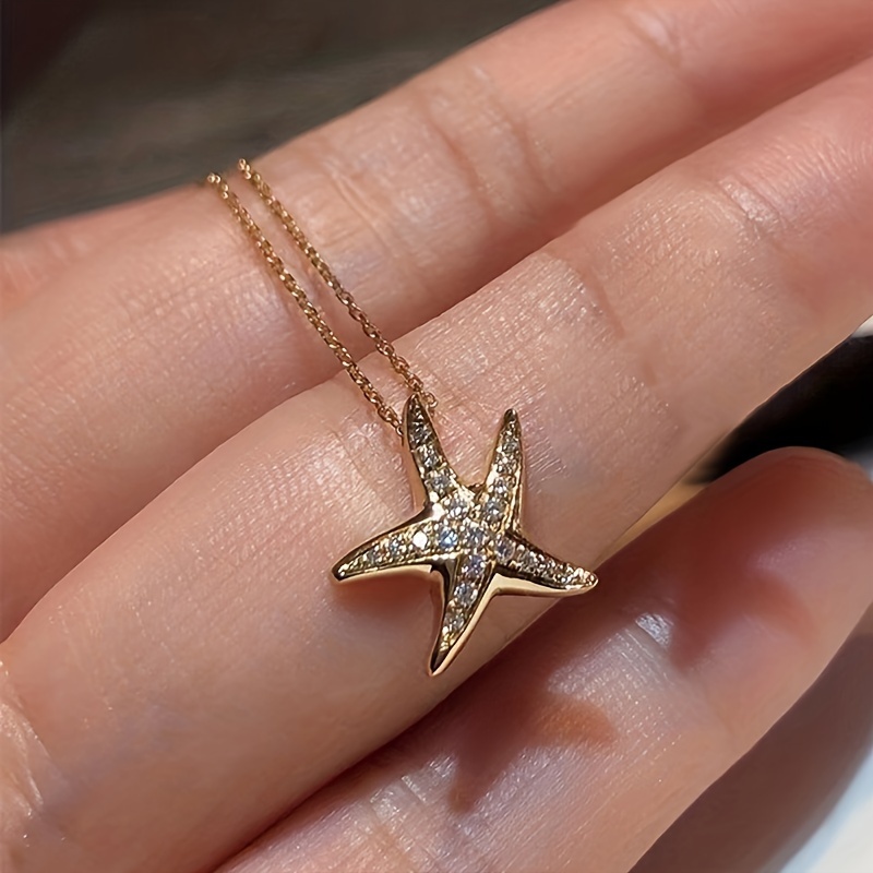 Image of [popular ] Elegant Starfish Pendant Necklace With Artificial Accents, Copper Collarbone Chain For Women - Perfect Birthday Or Party Gift