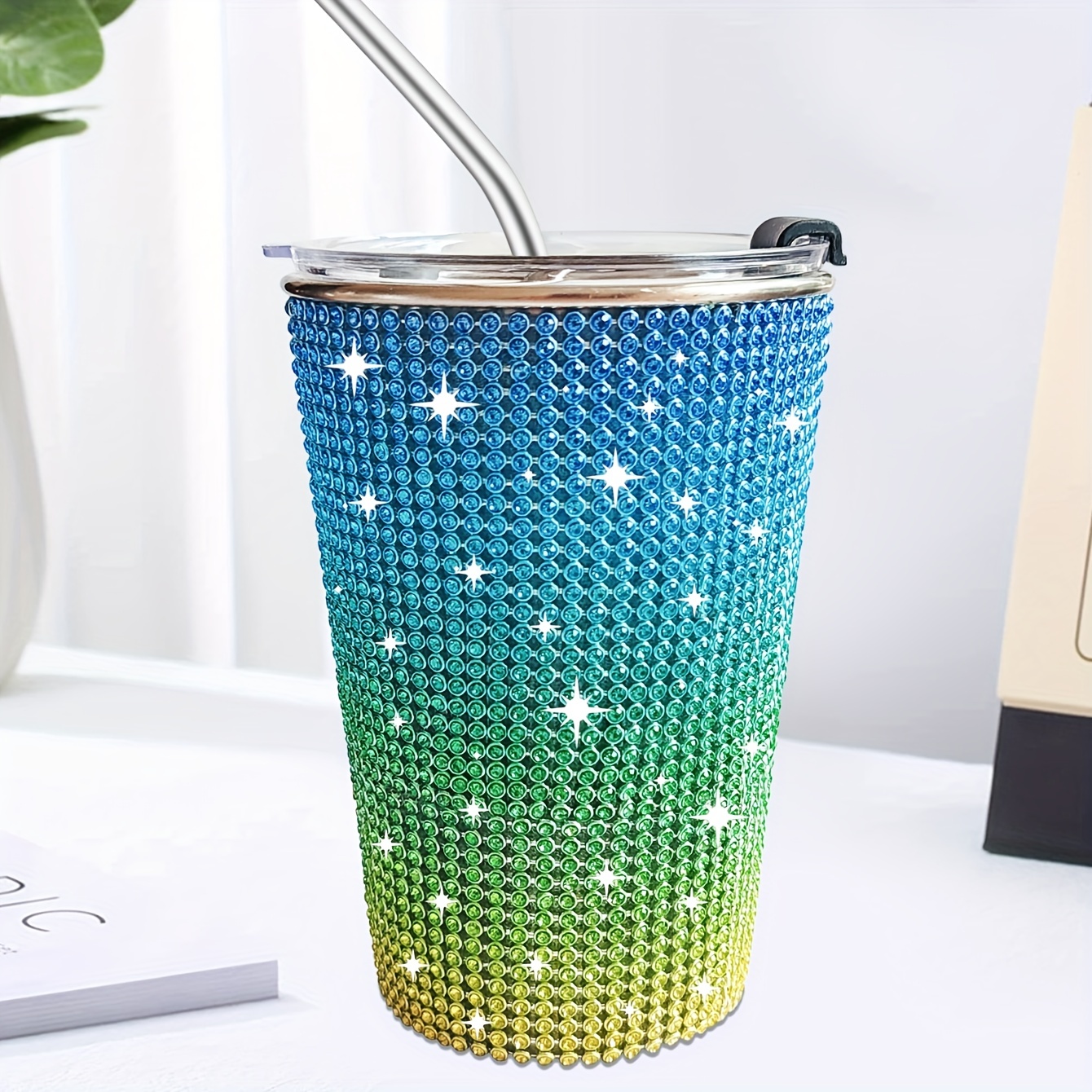 Plastic Lid 12oz Insulated Cup with Straw Glitter Stainless Steel