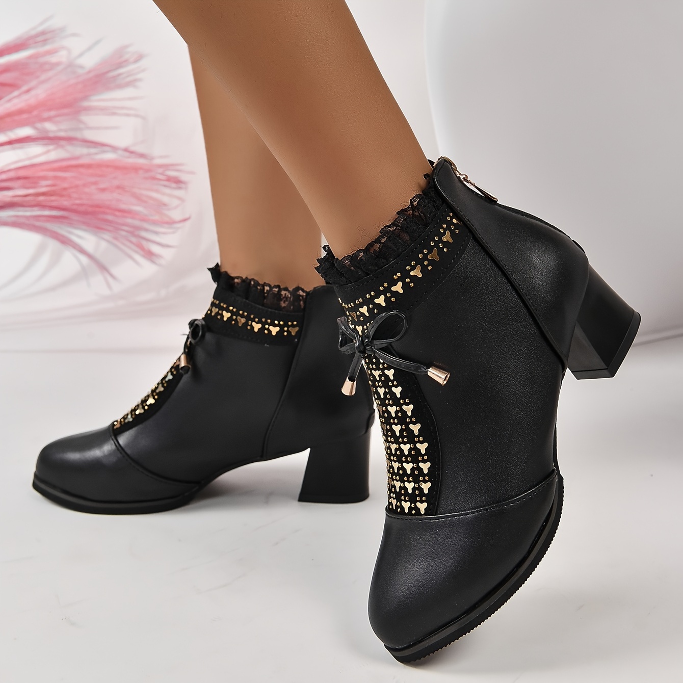 Women s Lace Trim Ankle Booties Fashion Bow Decor Chunky Heeled Boots Back Zipper Short Boots