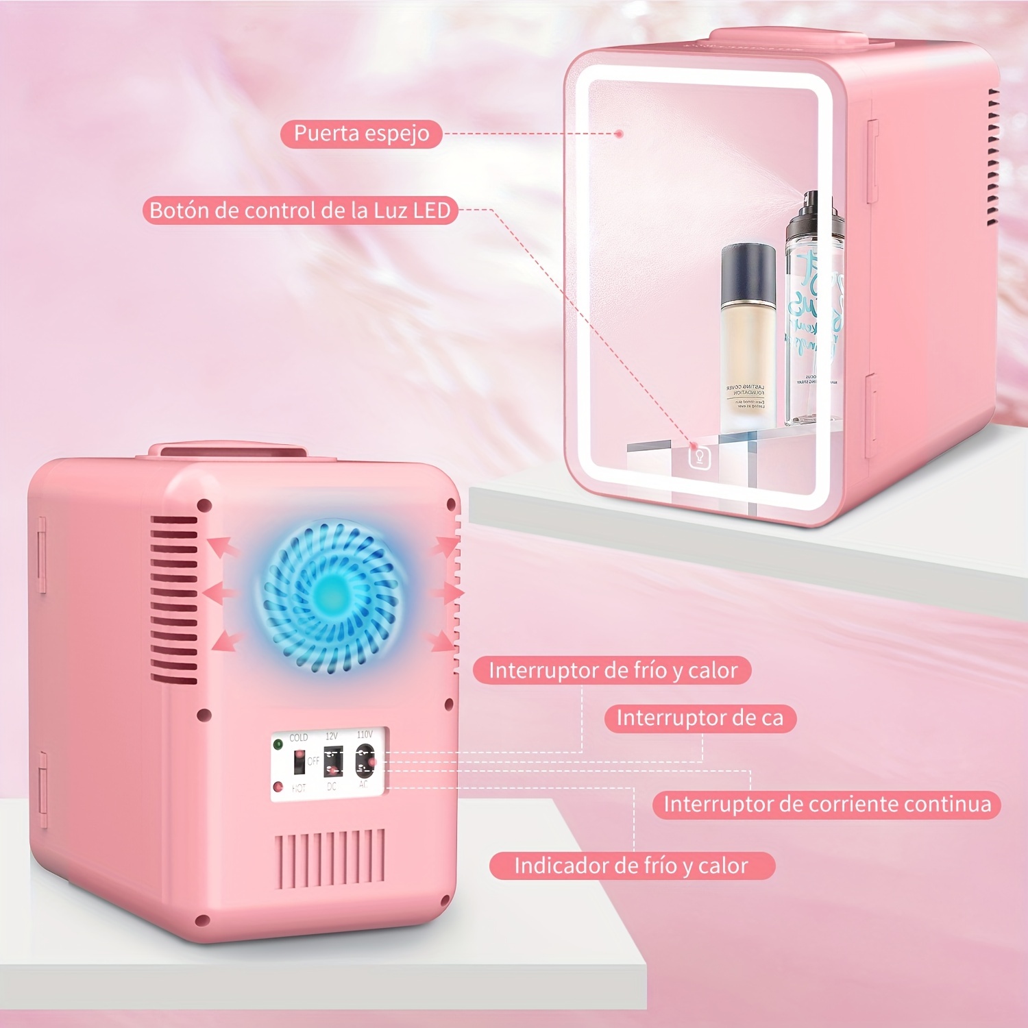 Refrigerador para el cuidado de la piel con espejo y luces, mini  refrigerador para el cuidado de la piel, nevera de belleza AC/DC de 10  litros