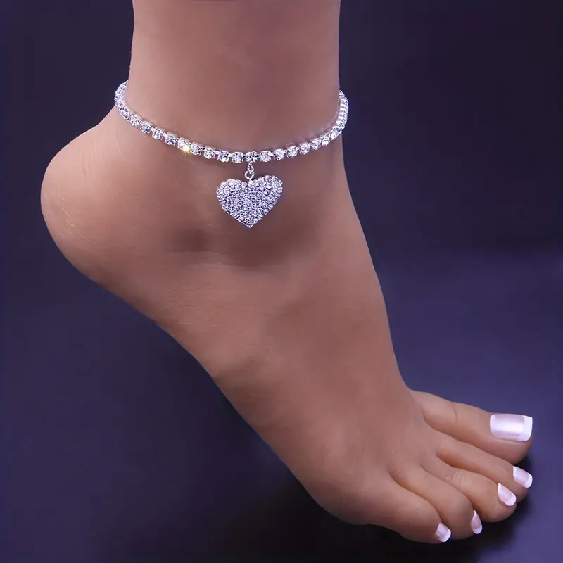 double layers bling bling rhinestones chain anklet double hollow love heart versatile claw chain ankle bracelet white wedding foot ornament details 0
