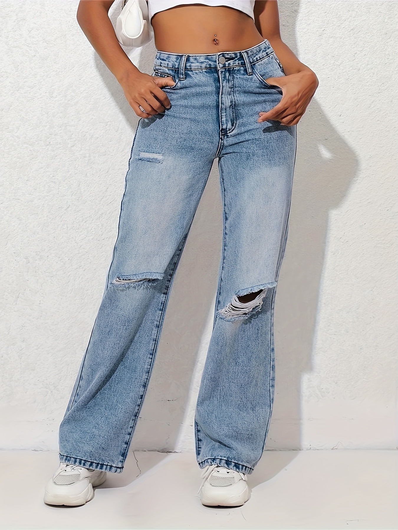 Blue Ripped Holes Straight Jeans, Loose Fit Distressed Wide Legs High Waist  Denim Pants, Women's Denim Jeans & Clothing
